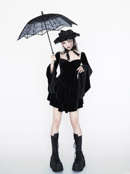 Gothic Black Velvet Bell Sleeves  Tiered Skirt Witch Dress