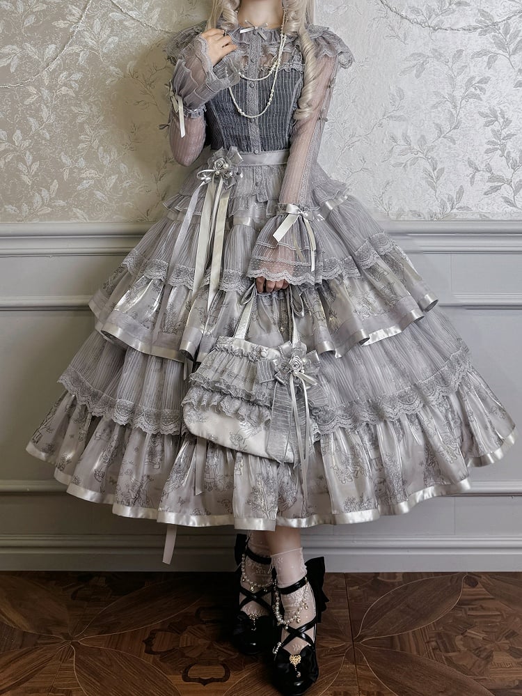 Grauer Stufenrock mit Kitty-Print, Silber und Lolita-Häschen