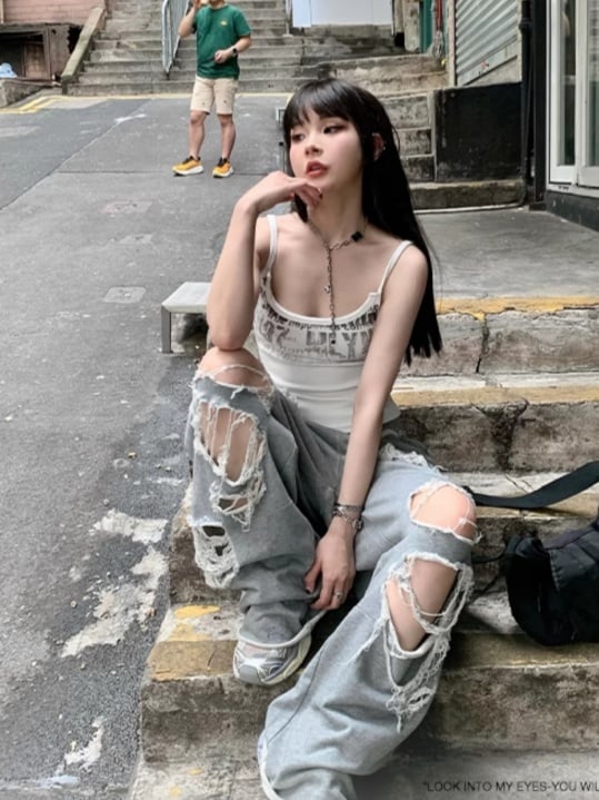 Top/Gray Elastic Waist Distressed Holes Casual Pants Cami White Glamorous Graphic