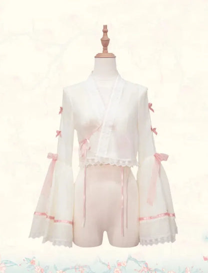 Creamy Bell Sleeves Han Lolita Blouse with Small Pink Bowknots