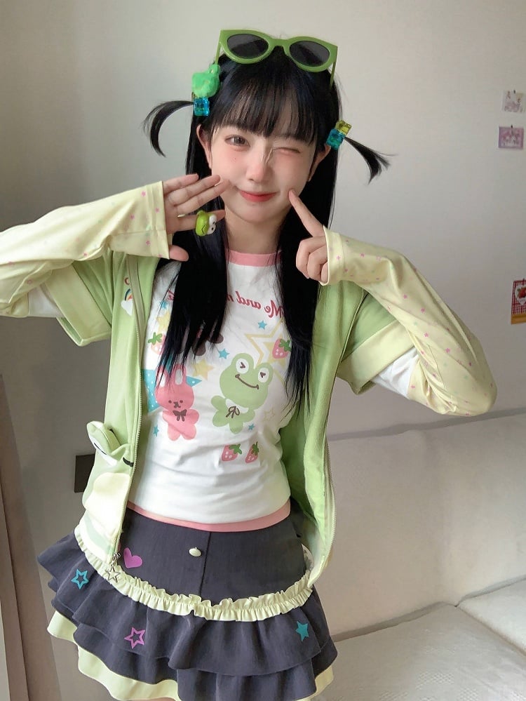 Animals White Yellow Sleeves Print Stars Cute Top