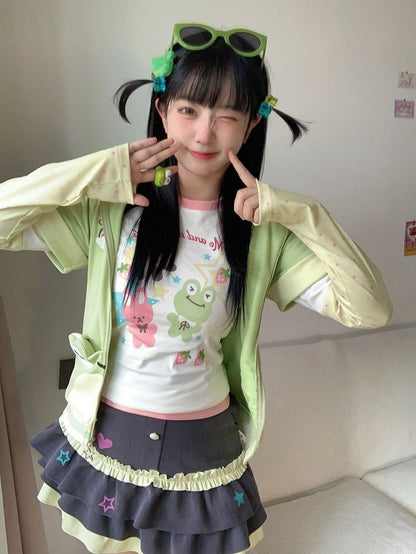 Animals White Yellow Sleeves Print Stars Cute Top