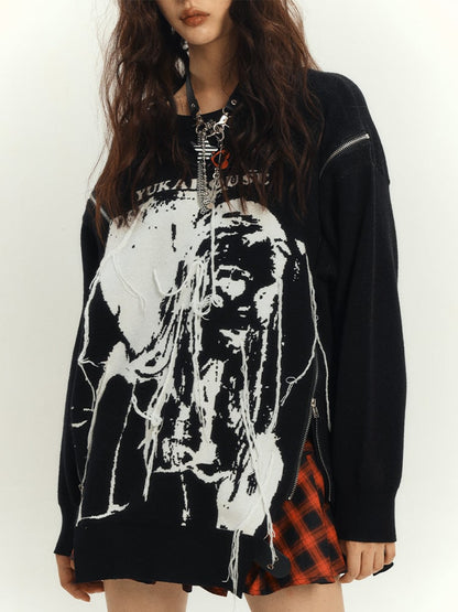 Black Punk Rock Zips Loose Round Neck Sweater