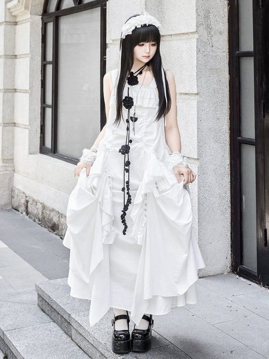 + Drawstring Design Necklace White Goth Ruffles Loose Scarf Dress Cascading