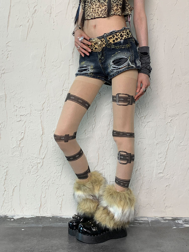 Ensemble de collants à bretelles et boucles punk nude, jambières hirsutes blanches et marron