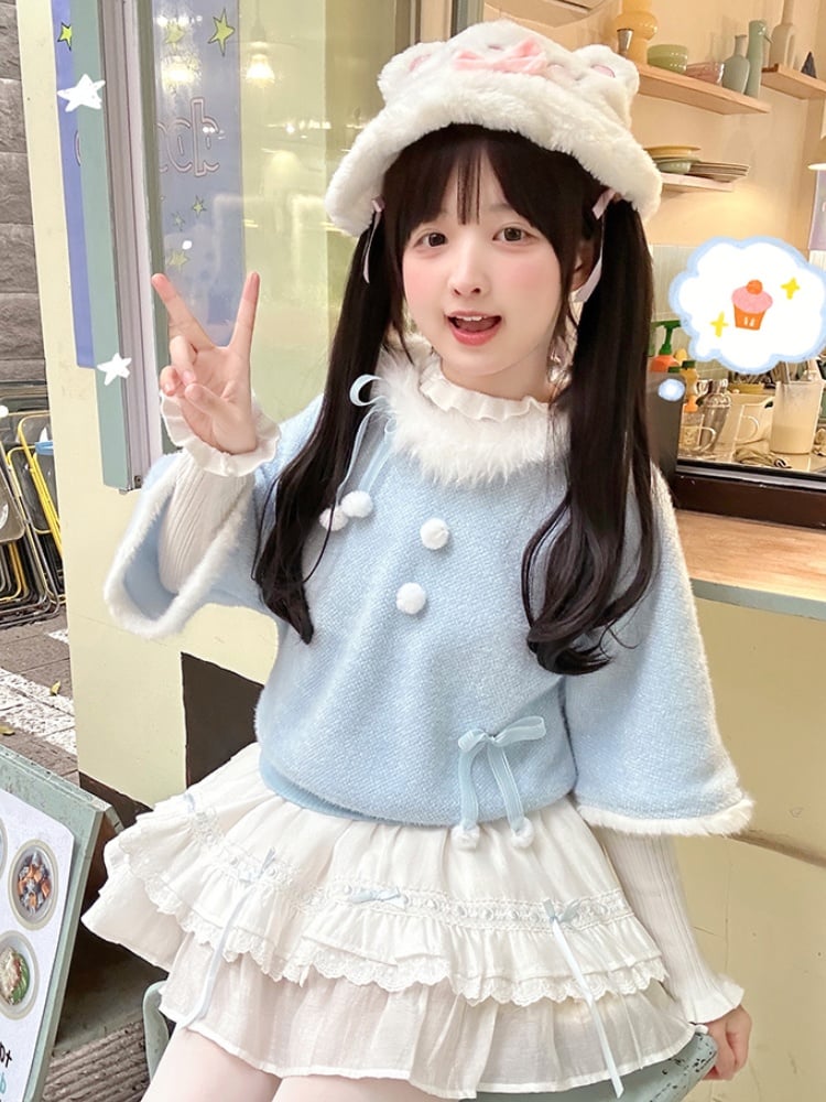 Blue Plush Trim Bows and Pompons Sweater with White Ruffled Cuff Top Set