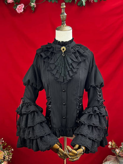 Neckline Ruffle Gothic Bell Jabot Black with Shirt Layered Sleeves Tie Kuro Lolita