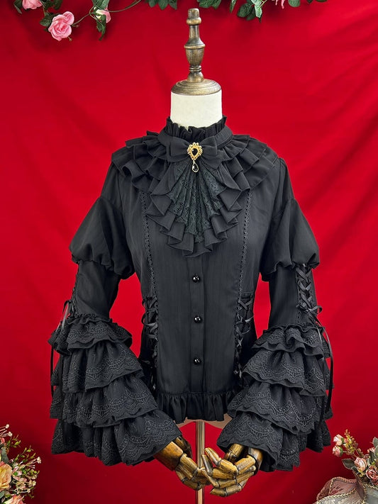 Neckline Ruffle Gothic Bell Jabot Black with Shirt Layered Sleeves Tie Kuro Lolita