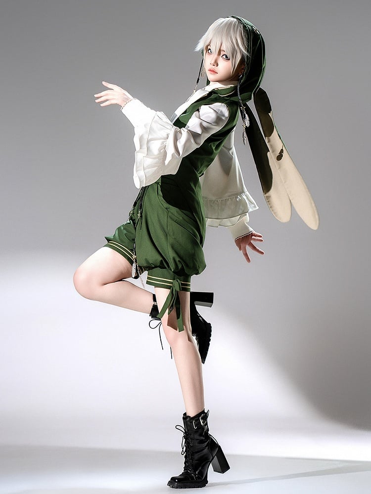 Prince Bunny Charm Silver Ouji Strings Hooded Ears Feather with Oversized Lolita Green Waistcoat