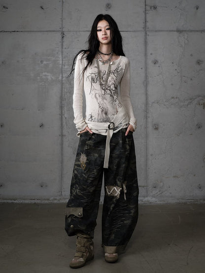 Pants Cargo Zigzag Punk Deconstructed with Camo Embroidery Vintage Design