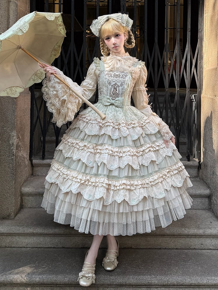 Robe Lolita vert clair à jupe superposée et motif lapin