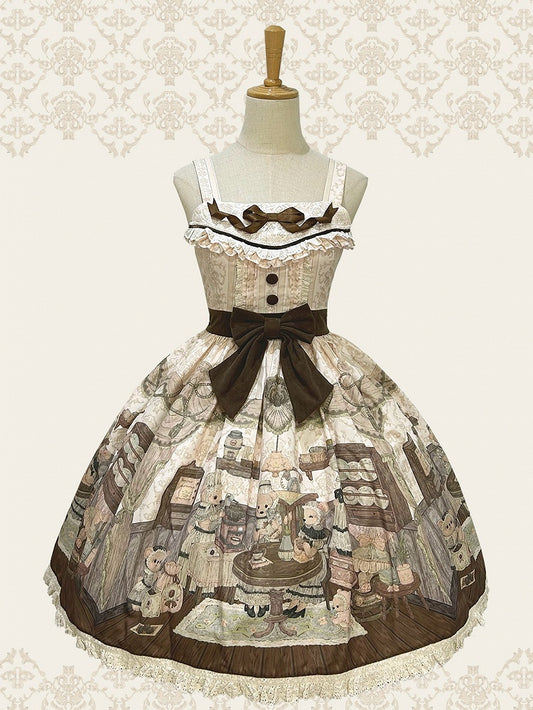 Sweet Creamy Little Print Bear Coffee Jumper Lolita House Skirt
