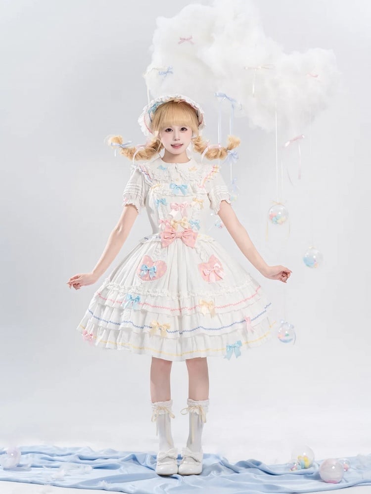 Bowknots White Ruffled Lace Trim Bonnet Macaron Color
