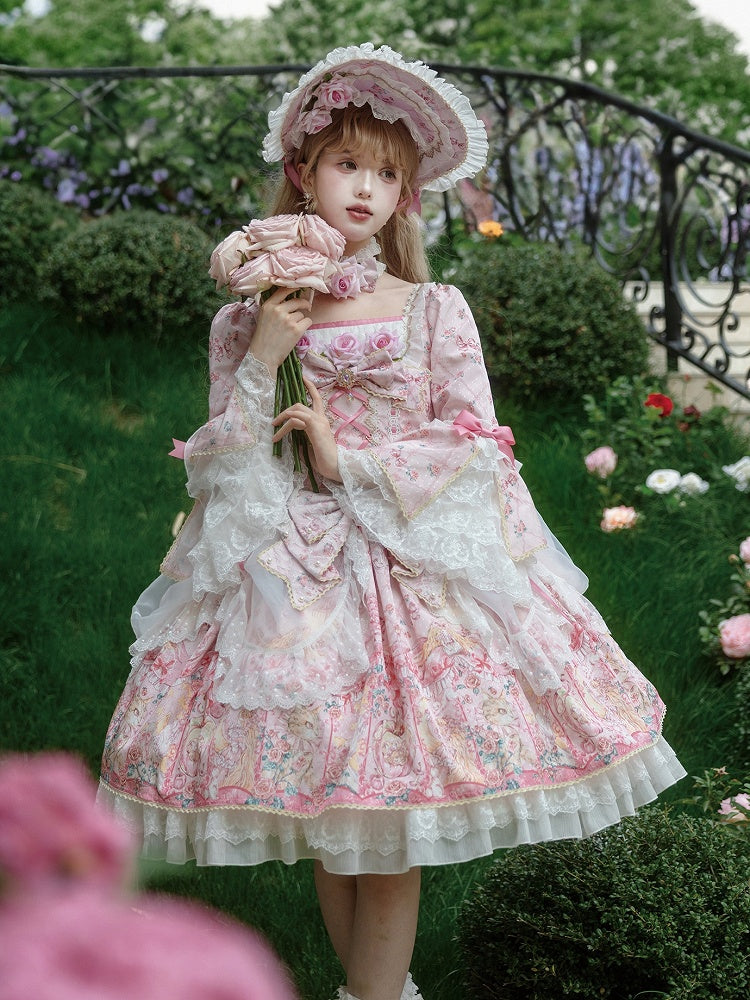 Pink Rosette Print Rococo Fashion Inspired Lolita Dress Square Neckline Bell Sleeves OP / Full Set