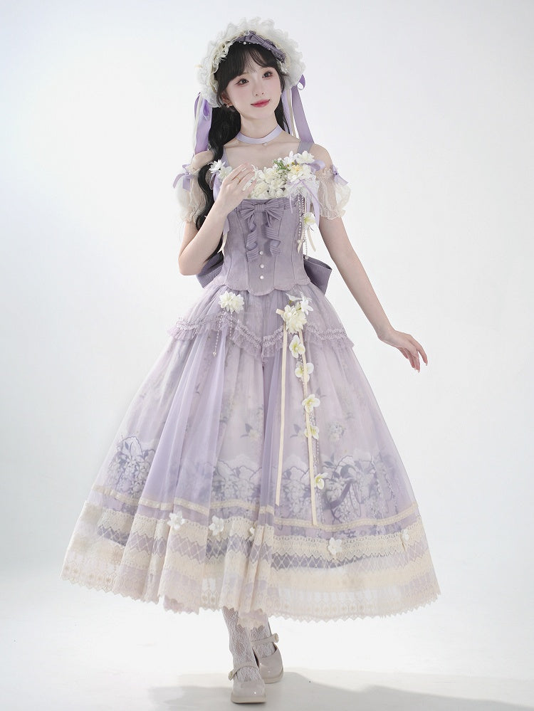 Classic Long Skirt Lolita Decoration + Jasmine Top Print Set Purple Corset Floral