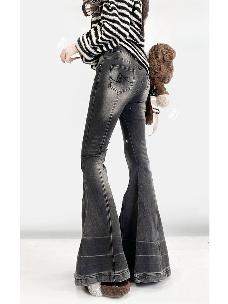Grey Low Waist Flare Silhouette Jeans