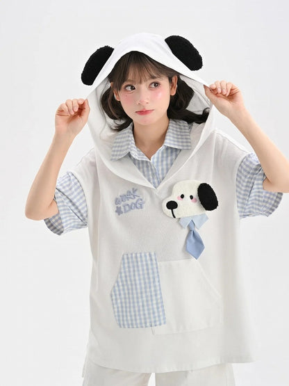 Two-pieces Puppy Ears Design Hood Pattern White and Puppy Faux T-Shirt Blue Plaid