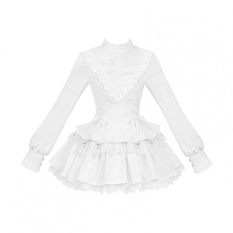Träger Charm Kleid Gothic Weiß Rüschen Lolita Ausschnitt Schnürung Kreuz