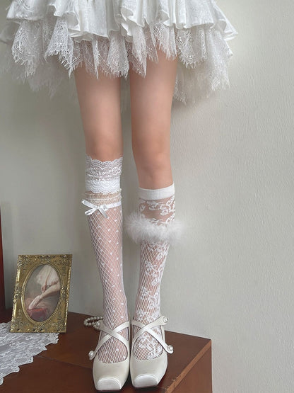 Lace Stockings/Floral Pattern Trims Socks/Lace Tulle Hollow-out Underknee White Socks Fishnet Stockings/Feather