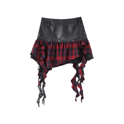 Ruffled Black PU Punk Skirt Hem Y2K Asymmetrical Red Plaid
