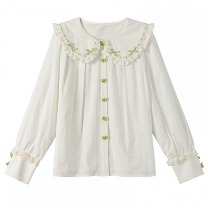 White Lace Trim Rounded Flat Collar Green Bow-Shaped Buttons Blouse