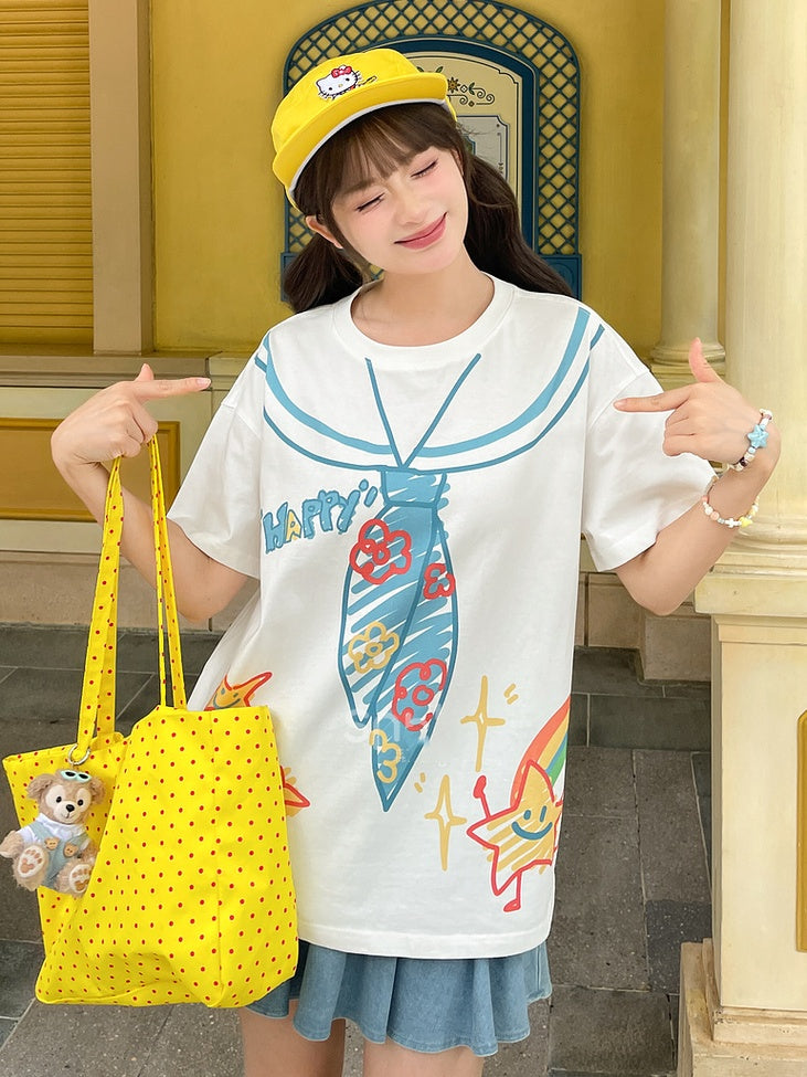 White Round Neck Sailor Collar Print Loose Cute T-Shirt