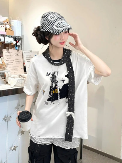 White/Beige Cat Pattern Lettuce Hem T-Shirt