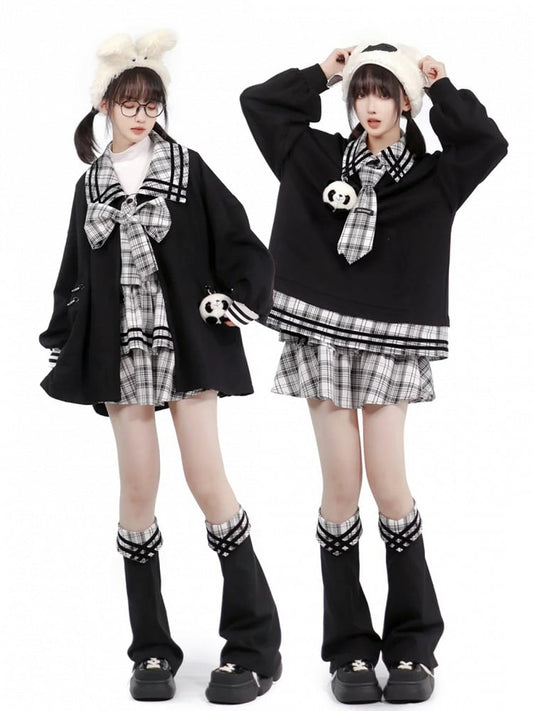 Panda Toy Sweatshirt Black Splicing Plush Plaid with