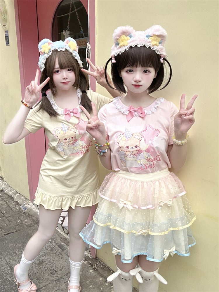 Adorable Teddy Bear Print Bowknot Ruffled Dress Neckline Embellished Pink/Yellow Mini