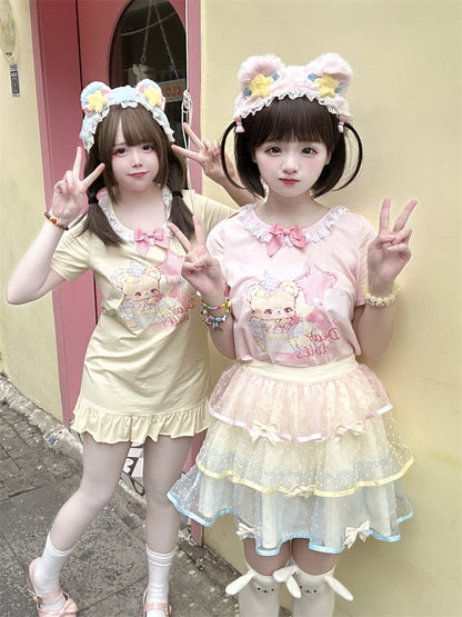 Adorable Teddy Bear Print Bowknot Ruffled Dress Neckline Embellished Pink/Yellow Mini