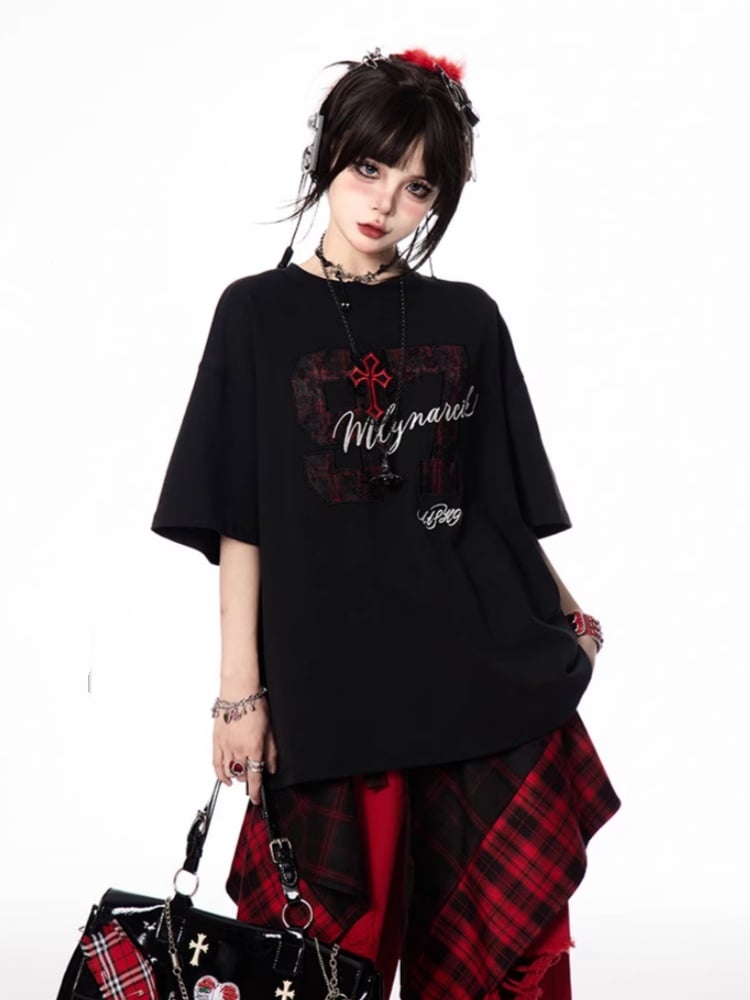 Letter and Print T-shirt Oversize Number Black Round Neck