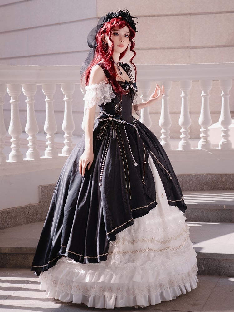 Black and White Boned Corset Bodice Gorgeous Long Train Lolita Dress Full Set