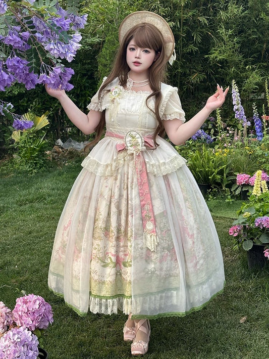 Skirt Waist + Floral Sizes Elastic Print Classic Square - Neckline Plus Available Lolita Set Elegant Blouse