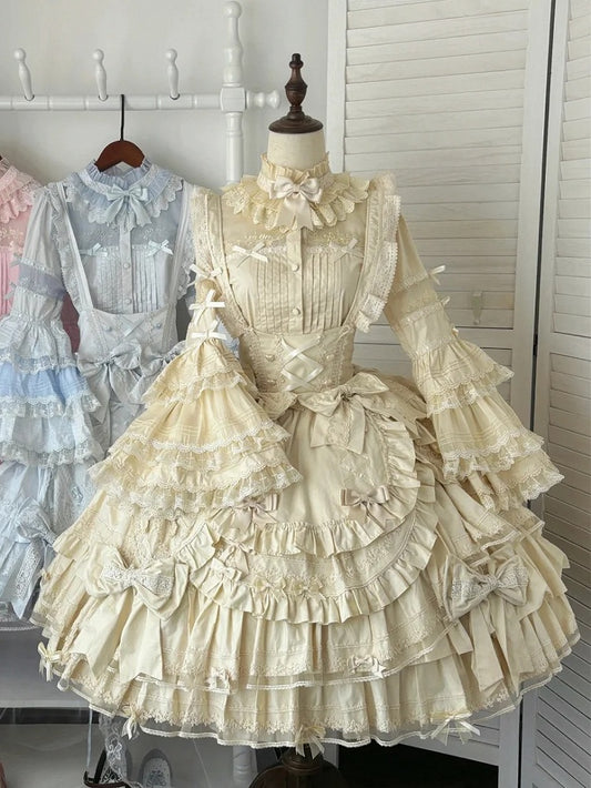 Accents Dress Beige Layered Hem Under Ruffle Sweet Lolita with Bust Bow