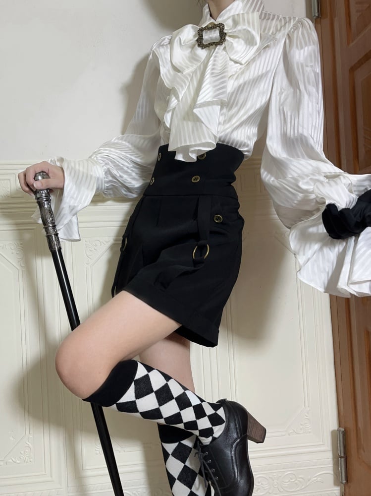 White Ouji Lolita Long Sleeves Shirt with Jabot Bowtie