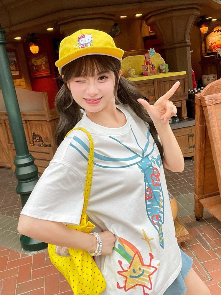 White Round Neck Sailor Collar Print Loose Cute T-Shirt