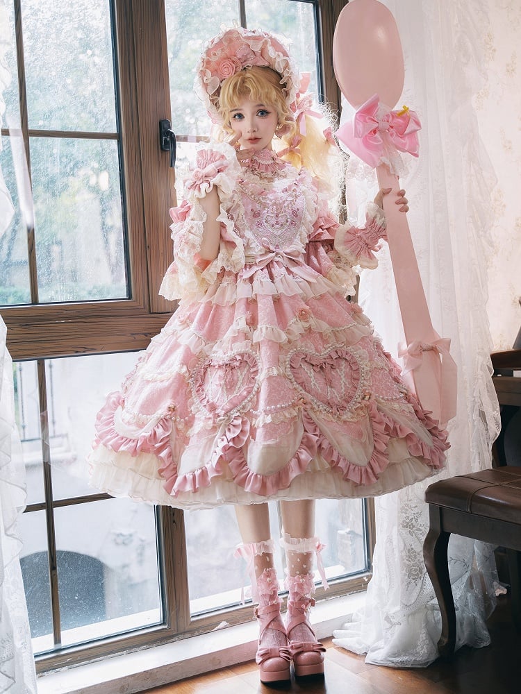 Pink Hanayome Rosette Embroidery Floral and Bead Chain Details Lolita OP Full Set