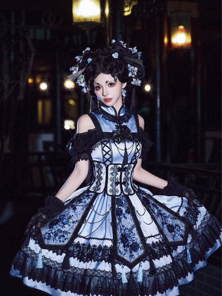 Robe Qipao élégante à col cheongsam bleu et noir + ceinture corset à baleines + ensemble Qi Lolita JSK superposé à pompons
