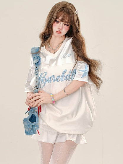 White/Black Letters Cutout Shoulder V-neck Sporty T-shirt