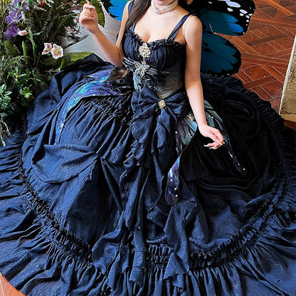 Night Dark Gown Dress Blue Waist Floor Prom Gorgeous Length Starry Corset