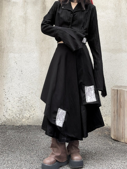 Appliques Black Punk Asymmetrical Layered Wide-Leg Pants