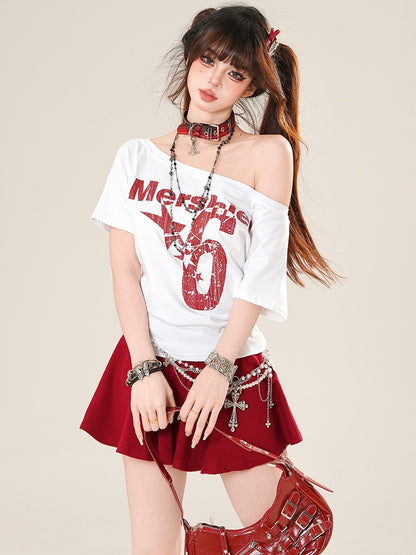 Letter T-shirt Star Glamorous Print Neckline WhiteRed And Number Asymmetrical