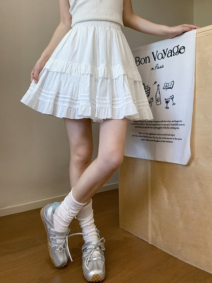 White Elastic Waist Ruffle Hem Tiered Skirt