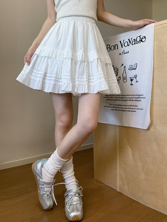 White Elastic Waist Ruffle Hem Tiered Skirt