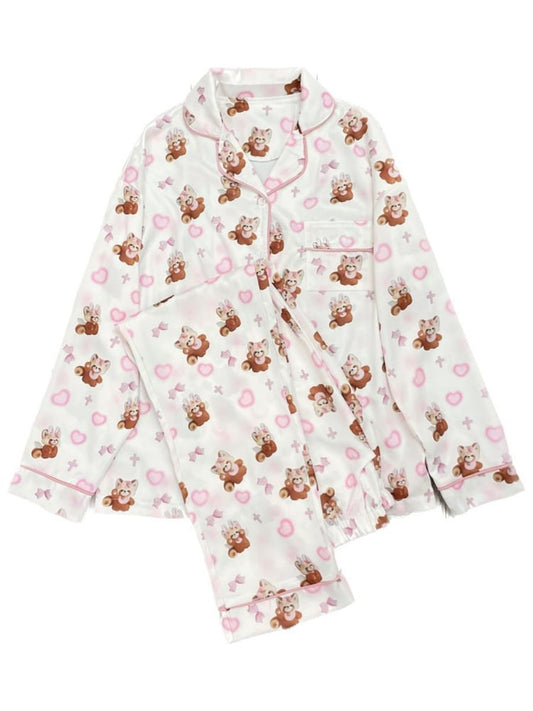 White Pink Cute Red Panda Print Pajama Set