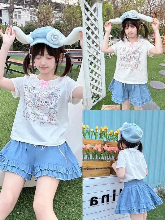 White Ruffled Neckline Adorable Bunny Print T-Shirt