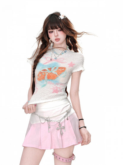 T-Shirt mit Grafik am Hals, Rosa/Weiß, Rundhalsausschnitt, Glamorous Cropped