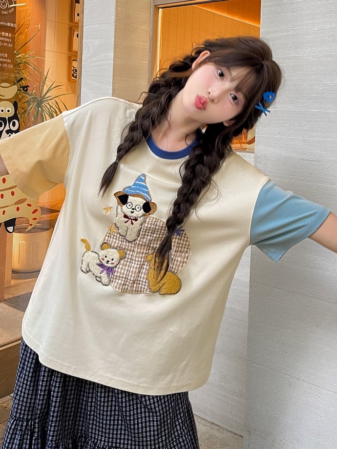 Colorblock Design Puppy Embroidery T-Shirt Orange Blue