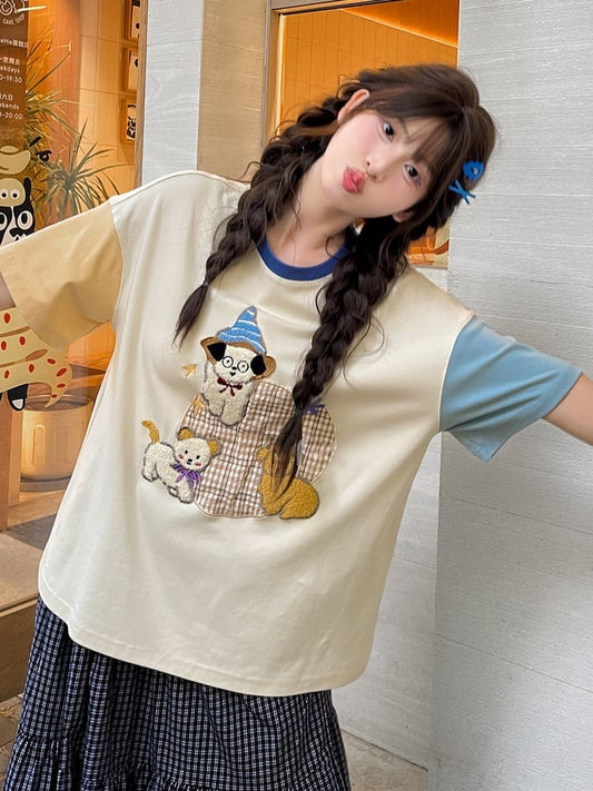 Colorblock Design Puppy Embroidery T-Shirt Orange Blue