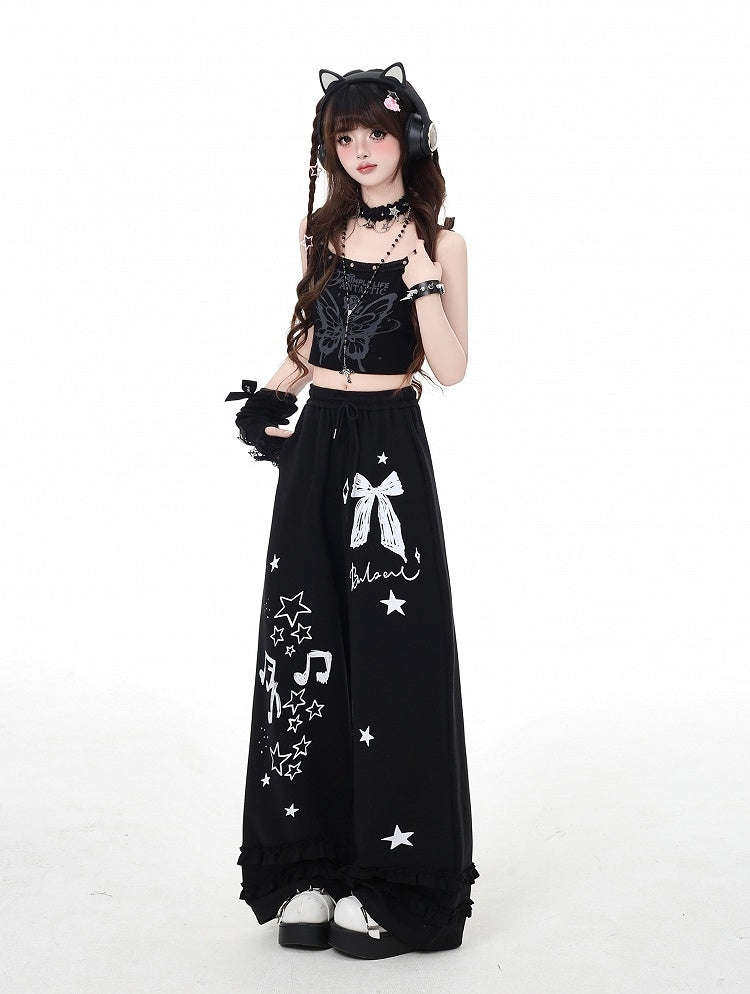 Wide-Leg Pants Black/Light Gray Bow and Star Print Vintage